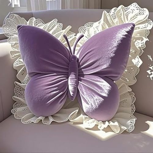 Butterfly Throw Pillow,21.6 inch Velvet Butterfly Decorative Pillow with Lace Trim,Animal Pillow for Couch Living Room Bed,Home Garden Decor (Purple)