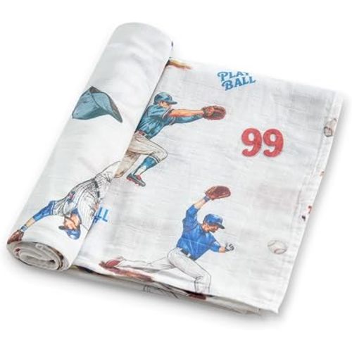 Bamboo Muslin Swaddle Blanket, 1 Pack, 47x47 Inch Large Baby Swaddle, Lightweight & Breathable, Soft for Newborn, Multi-Use Receiving Blanket, Baseball Game Print, Baby Boy Sports Theme