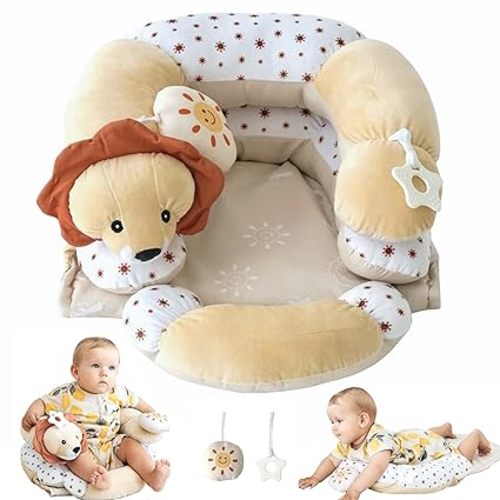2-in-1 Tummy Time Mat and Seated Support with Sensory Toys – for Newborns and Babies – Includes Detachable Cushion for Supervised Play & Head/Neck Development (Sand)