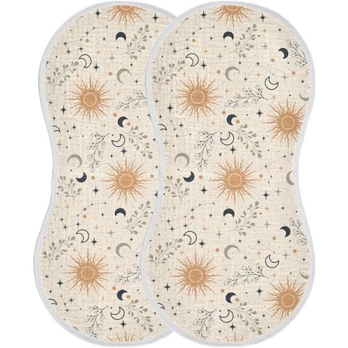 JHKKU Muslin Burp Cloths for Baby Boys and Girls - 2-Pack Ultra Absorbent Magic Constellations Moons Star Muslin Washcloths, Newborn Towel, Milk Spit Up Rags, Burp Cloth Bibs for Unisex, 22 x 11 Inch