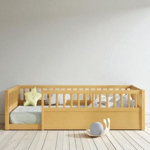 Mshliw Twin/Full Size Floor Bed with Safety Fence and Open Door, Wooden Montessori Style Platform Bed Frame for Toddlers and Kids Bedroom or Playroom