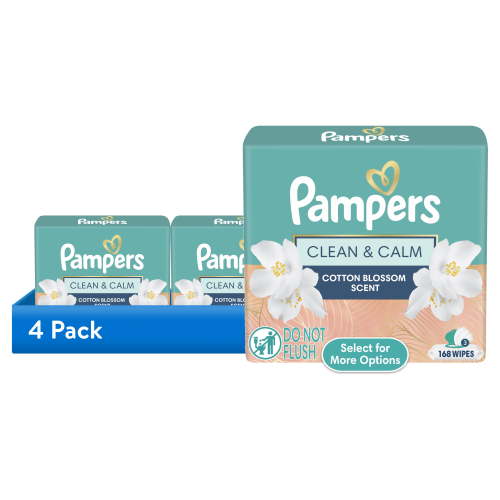 (4 pack) Pampers Wipes, Clean & Calm, Cotton Blossom Scent, 168 Wipes Total (3X Pop-Top Packs)