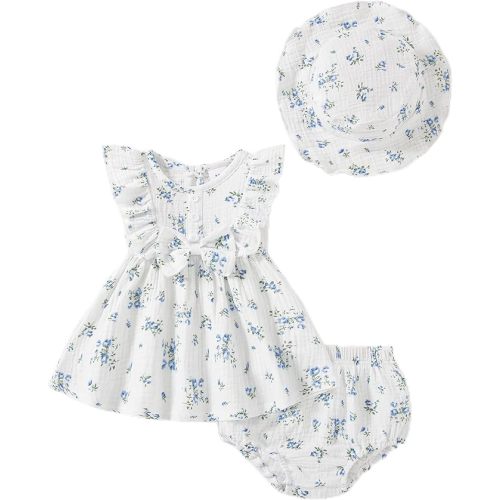 Vibebox Baby Girl Ruffle Sleeveless Bow Dresses Toddler Girl Princess Summer Dress Birthday with Hat and Underwear Outfits