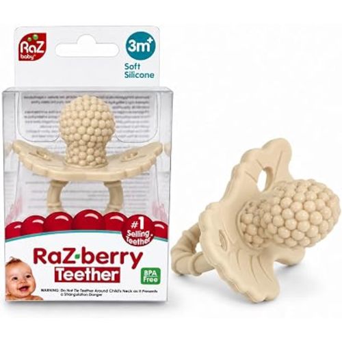 RaZbaby RaZberry Silicone Teether Pacifier – Teething Relief for Infants, Food-Grade, BPA-Free, Hands-Free Design, Natural Berrybumps Fruit Texture for Sensory Development, Freezable – Caramel
