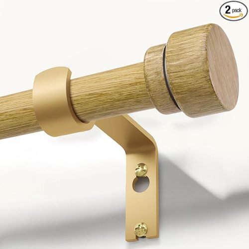 Natural Light Wood Curtain Rods for Windows 48 to 84 1" Diameter Heavy Duty Window Curtain Rod Adjustable with Handmade Wood Grain Design for Living Room Bedroom Kitchen Farmhouse Outdoor