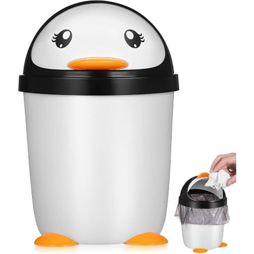 Homoyoyo Cute Penguin Swing Lid Trash Can, Large Capacity Plastic Wastebasket Mini Desktop Waste Paper Bin with Stable Base for Car Office Bedroom Kitchen Desktop Use 8.26 x 5.51inches