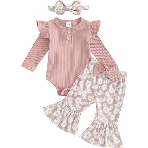 fhutpw Baby Girl Fall Outfits Long Sleeve Bow Embroidery Romper + Pants + Headband + Hat Set Infant Clothes