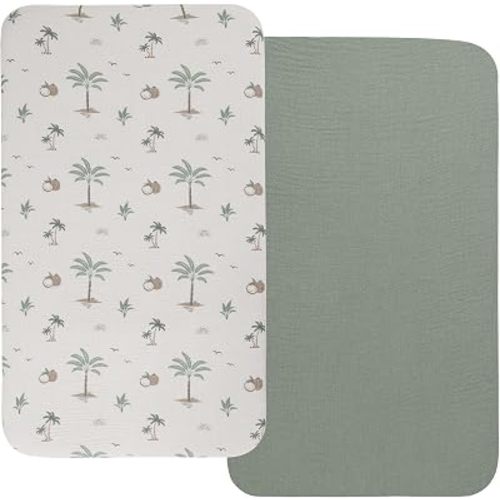 Onacosht Muslin Bassinet Sheets 2 Pack, 35"x20", Green & Coconut Plam