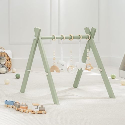 Comfy Cubs Wooden Baby Play Gym - Natural Finish Pinewood Baby Activity Gym with 5 Sensory Hanging Toys - Easy No-Tool Assembly, Safe and Durable for Infant Motor and Visual Development - Sage