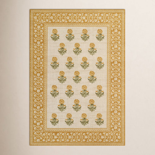 World Menagerie Bibury Traditional Floral Wool and Nylon Gold Area Rug | Birch Lane