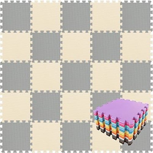 qqpp EVA Rubber 18 Tiles Interlocking Puzzle Foam Floor Mats - Baby Play Mat for Playing | Exercise Mat for Home Workout. Beige, Gray. QC-JLb18N