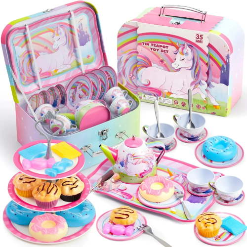 Joyfy 35 Pcs Unicorn Tea Set for Little Girls, Princess Tea Time Toy Including Sweet Bun, Candy, Teapot Tray Cake, Carrying Case,Kids Kitchen Pretend Play,Christmas Birthday Gift for Girls Age 3-6