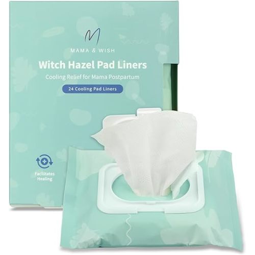 Mama & Wish Witch Hazel Pad Liners for Postpartum Care (24 Count) | Full-Length Cooling Perineal Pads Liner | Postpartum Essentials | Ice Pads Postpartum Liner - Witch Hazel Pads for Postpartum Care