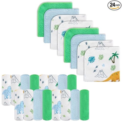 Baby Washcloths, 24Pack Baby Washcloth Extra Soft & Ultra Absorbent, for Unisex Boys Girls Body, Washclothes Gentle on Sensitive Skin, 9x9 Dinosaurs Trees