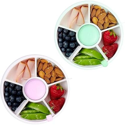 GoBe Kids Taro Purple and Mint Green Snack Spinner Bundle with Hand Strap and Sticker Sheet - Reusable Snack Container with 5 Compartment Dispenser and Lid | BPA and PVC Free | Dishwasher Safe