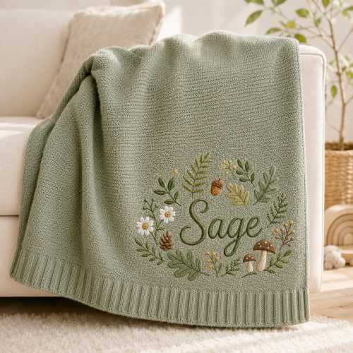 Personalized Woodland Baby Blanket, Custom Name Embroidered, Forest Wreath Keepsake, Soft Knit Nursery Decor, Newborn Shower Gift
