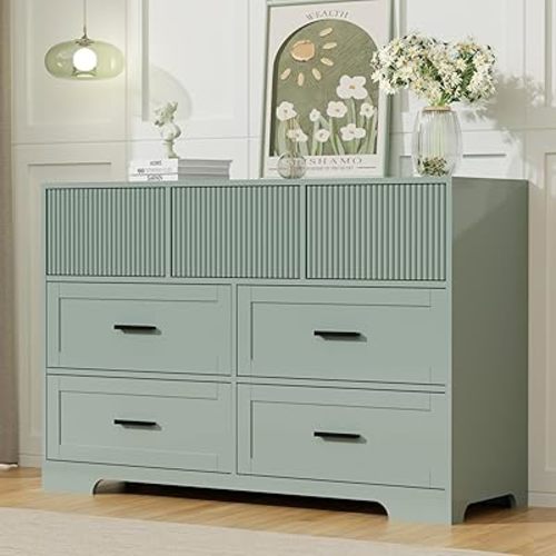 UEV Fluted Dresser for Bedroom with 7 Drawers, 47" Modern Chest of Drawers, Wood TV Stand, Closet Storage Organizer for Living Room, Hallway, Green