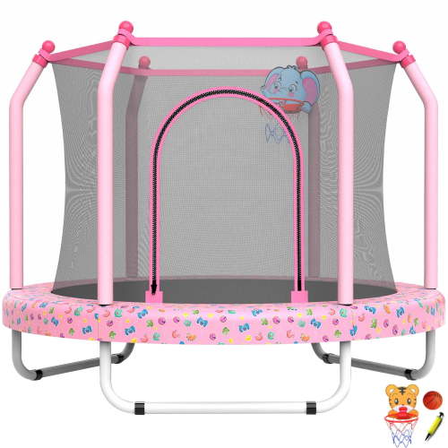 55" Trampoline with Enclosure for Kids, SEGMART Indoor Outdoor Toddler Trampoline with Basketball, Indoor Outdoor Kids Trampoline with Basketball Hoop, Small Round Trampoline for Boys Girls