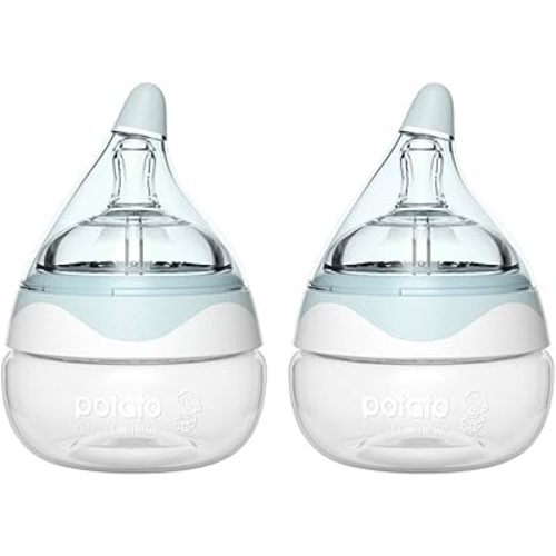 POTATO Glass Baby Bottles for Newborn Babies, Anti Colic Breastfeeding Bottle with Wide Neck, Slow Flow, 2pack, 2.5oz, Blue