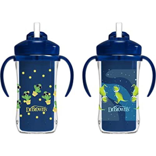Dr. Brown's Milestones Insulated Sippy Cup with Straw and Handles, Spill-Proof Tumbler with Lid, 2-Pack, Blue, 10 oz/300 mL, BPA Free, 12m+