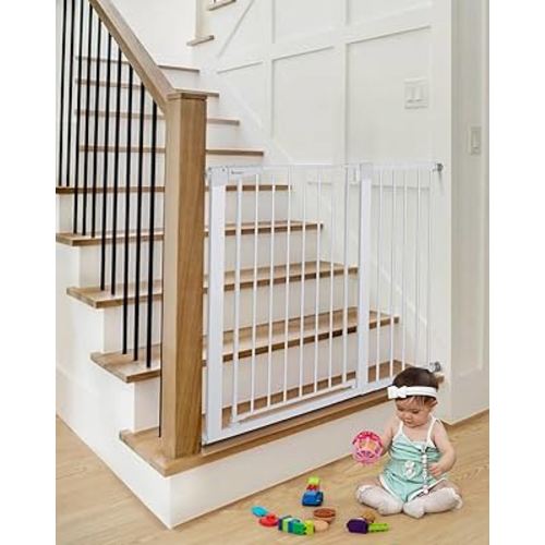 COMOMY 36" Extra Tall Baby Gate for Stairs Doorways, Fits Openings 29.5" to 40.6" Wide, Auto Close Sturdy Safety Dog Gate for House, Pressure Mounted Easy Walk Through Pet Gate with Door, White