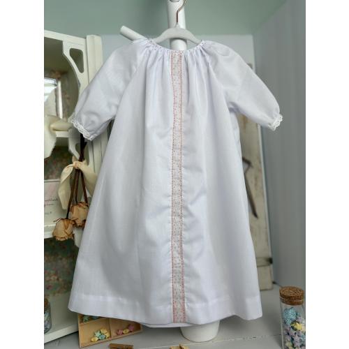 White Infant Heirloom Daygown (8-18lbs) – Pink Swiss Lace Insert - Hand Embroidery Neck