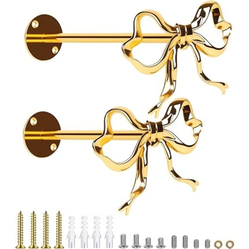 2 Pack Gold Bow Curtain Holdbacks, Solid Metal Wall Mounted Curtain Tiebacks Decorative Drapery Hooks for Living Room Bedroom Office Home