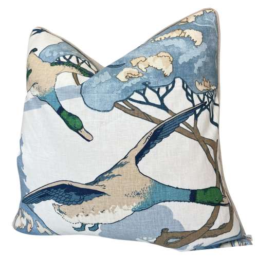Luxury Designer Mulberry Flying Ducks Blue Neutral Cream Luxury Cushion Pillow Cover Square