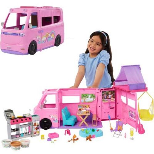 Barbie Dream Camper Playset with Roof Tent, BBQ Grill with Color-Change Feature and 60+ Accessories