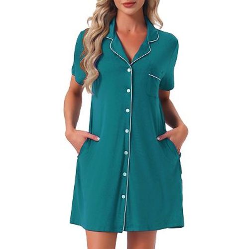 Women's Nightgowns Button Down Short Sleeve Sleep Shirts Nightshirt Pajama Dress with Pockets