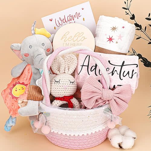 Cesta de regalos para niña, regalos de baby shower para niñas, regalo para niñas recién nacidas, cesta de regalo para niña, regalos de revelación de género, regalo único para bebé, regalo esencial