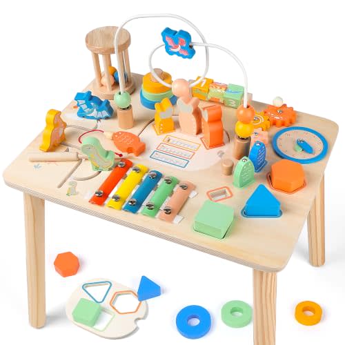 Toddler Activity Table, 12 in 1 Wooden Montessori Toys for 1-3 Year Old | Busy Board Activity Center with Bead Maze, Shape Sorter, Fishing Game, Learning Sensory Table Toy, Birthday Gift for Boy Girl