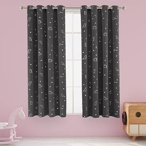 LORDTEX Dinosaur and Star Foil Print Blackout Curtains for Kids Room - Thermal Insulated Curtains Noise Reducing Window Drapes for Boys and Girls Bedroom, 52 x 63 Inch, Grey, Set of 2 Panels