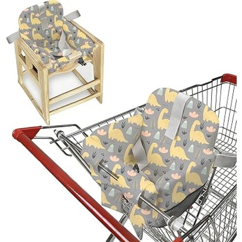 Padded Shopping Cart Cover for Baby & Toddler, High Chair Cover with Soft Thigh Guards, 2-in-1 Grocery Cart Seat Protector, Portable with Shoulder Strap & Storage Pocket (Dinosaur Print)