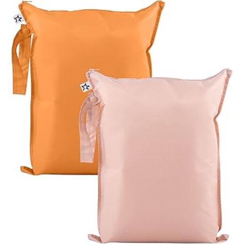 Tiny Twinkle Mess Proof Wet Bags | 2-Pack Reusable Waterproof Wet Bags for Swimsuits | Baby Clothes | Travel & Diaper Bag (Taupe, Dandelion)