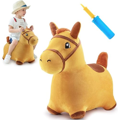 iPlay, iLearn Bouncy Pals Hopping Horse, Toddler Girl Boy Inflatable Bouncing Animal Hopper Toy, Outdoor Indoor Plush Ride on Bouncer, Baby Birthday Gift 18 Month 2 3 4 Year Old Kid - Horse
