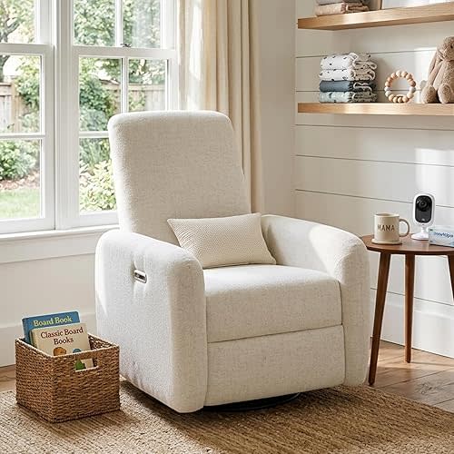 Nursery Rocking Chairs, 270° Oversized Power Swivel Glider Rocker Recliner w/USB & Type-C Charging Port, Rotating Rocking Reclining Nursing Chair for Breastfeeding, Living Room,Bedroom,White