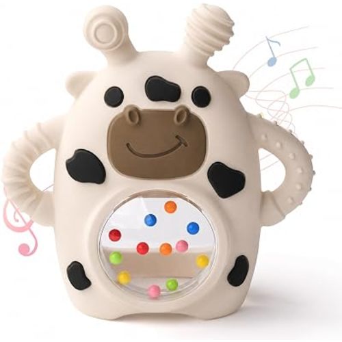 Bakpoco Baby Teether Toys for Babies 3 Months+, Easy-Grip Silicone Hand Teether with Sensory Rattle, Multi-Texture Infant Toy, Wrist Design Helps Reduce Drops, Cow