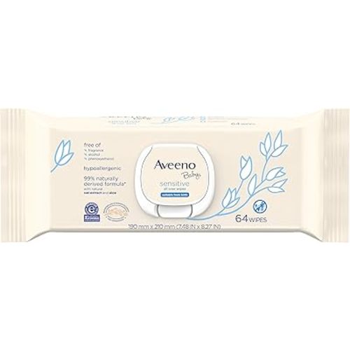 AVEENO Baby Sensitive All Over Wipes, Paraben- & Fragrance-Free, 64 ea (Pack of 2)