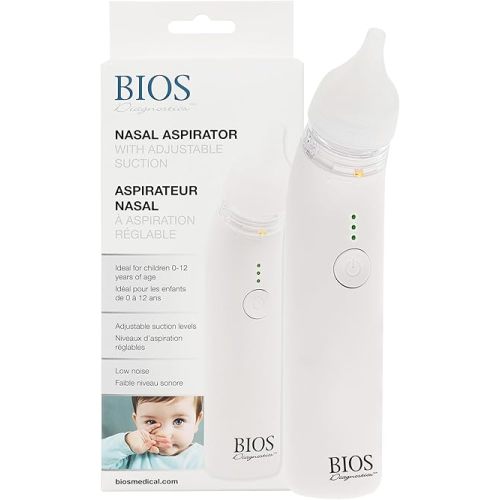 BIOS Diagnostics Nasal Aspirator with Adjustable Suction, Removes Nasal Secretions & Mucus, Gentle, For Newborn, Baby, Child, 0-12 Years, Two Silicone Tip Sizes, Easy to Use & Clean, Rechargeable