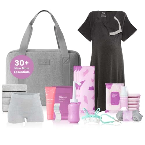 Frida Mom 30pc Pre-Packed Hospital & Diaper Bag Essentials Gift Set, Includes Labor, Postpartum, & Newborn Grooming Kit in One, Easy to Organize with Removable Toiletry Bags, & Suitcase Strap