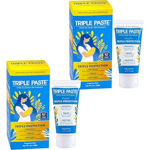 Triple Paste Diaper Rash Cream for Baby, 3 Oz (Pack of 2), Zinc Oxide Ointment Treats, Soothes & Prevents Diaper Rash, Pediatrician-Recommended & Hypoallergenic, Baby Essentials for Daily & Overnight