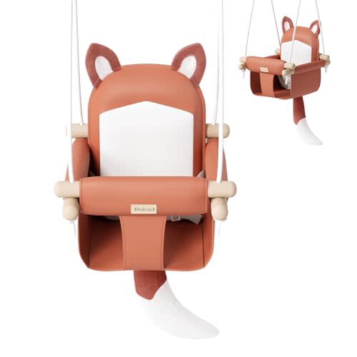 Wooden Baby Swing with Soft Safety Belt, Cozy Infant Swing Seat for Indoor & Outdoor Use, Adjustable Height, Includes Mounting Hardware – Suitable for Babies & Toddlers（Fox-Themed in Red）