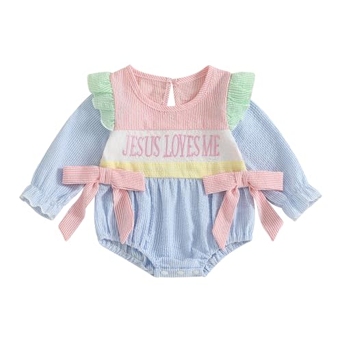 Newborn Baby Girl Fall Clothes Jesus Loves Me Embroidery Bubble Romper Striped Long Sleeve Bodysuit Baptism Outfit
