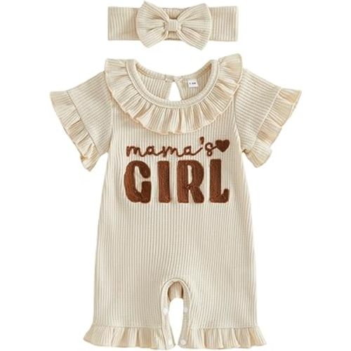 Newborn Baby Girl Summer Outfit Romper Hi I'm New Here Embroidery Ruffle Jumpsuit Infant Waffle Knit Clothes