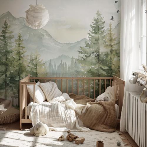 Kids Mountain and Forest Wallpaper Mural | Green Landscape Pine Tree Peel and Stick, Traditional or Pre-Pasted Removable Wall Decor