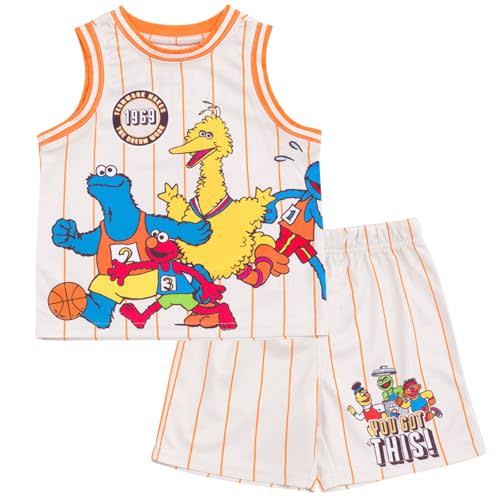 Sesame Street Boys' 2-Piece Athletic Basketball Jersey and Shorts Set | Flatback Mesh, Pull-on Elastic Shorts