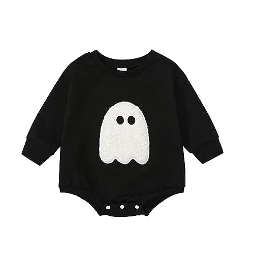 Lesimsam Baby Boy Girl Halloween Outfit Ghost Embroidery Sweatshirt Romper Oversized Sweater Romper One-Piece Outfit