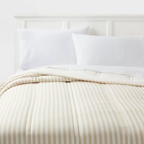Twin/Twin Extra Long Lofty Microfiber Printed Comforter Khaki/White Striped - Room Essentials™: Year-Round, Teen-Friendly, OEKO-TEX Certified