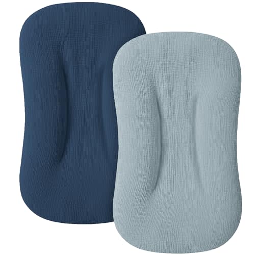 MairMore Muslin Baby Cover for Newborn, Soft and Breathable 100% Cotton Lounger Slipcover Neutral, Pack of 2(Dark Blue)